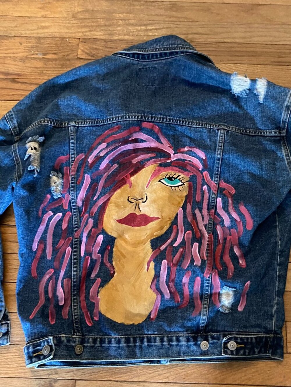 O & O Denim Wear Distressed Custom Hand Painted Denim Jacket- Size L